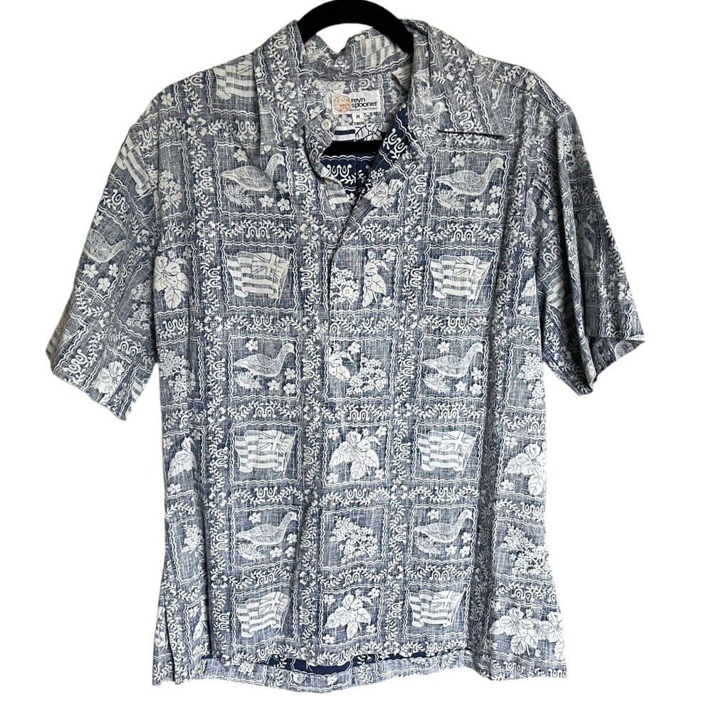 Reyn Spooner Reverse Print Blue White Lahaina Sailor Regular Fit Popover Shirt M